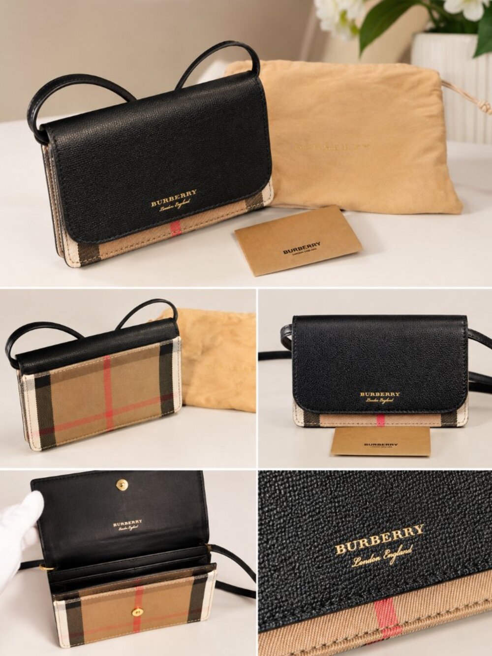 Burberry Vintage Check Crossbody Wallet Bag Black Leather Beige Tan